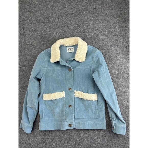 Roxy Jacket Womens Medium Blue Sherpa Collar Corduroy Lined Pockets Cozy Warm - Picture 1 of 7